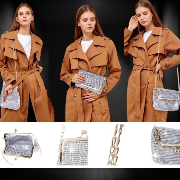 NWT Silver Rhinestone Covered Mesh Clutch/Shoulder Bag w/Gold HW & Pouch Insert - Picture 8 of 16